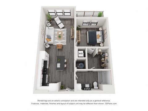 A 3D floor plan of a small apartment with a kitchen, living room, and bedroom.